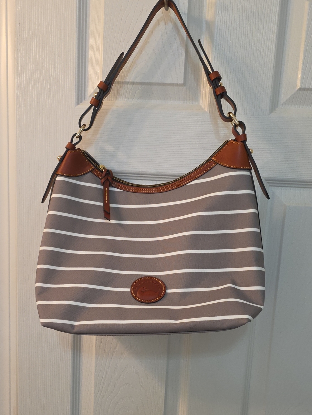 Dooney & Bourke Gray and White Striped Shoulder Bag with Brown Leather Trim